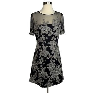 Tadashi Shoji Black Sheer Silver Floral Embroidered Cocktail Evening Dress Sz 6